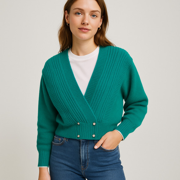 Vintage Sideffects Sweater Size M Green Pearl Buttons Balloon Sleeve Deep Neck - Picture 2 of 16